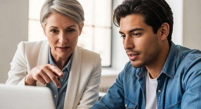 Woman and man reviewing laptop screen together, showcasing business collaboration and consultation