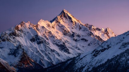 Fototapeta premium Breathtaking wide angle shot of snow capped mountain range sunrise golden hue spreading across sky soft pink light touching peak clean white background contrast majestic ruggedness of mountain