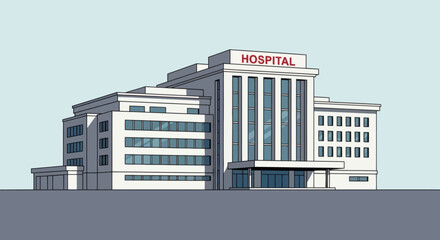 Illustration of a modern hospital building with multiple floors, large windows, and a sign reading "HOSPITAL" on the roof against a light blue sky.