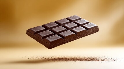 Chocolate bar is shown in the air with a few pieces of it on the ground