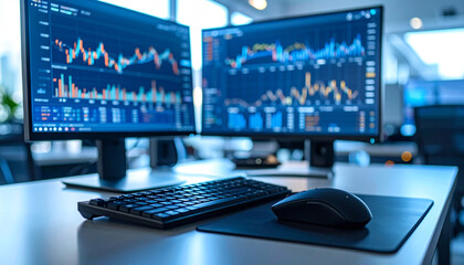 Stock Market Analysis: Dual monitors display dynamic stock market charts, a keyboard and mouse sit ready for the next trade. A workspace showing market data.