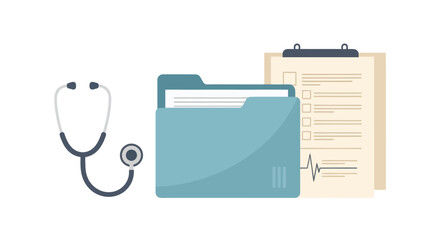 Illustration of a stethoscope, folder, and clipboard representing medical records.