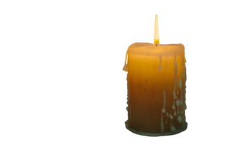 Realistic burning candle with melted wax on white background. Transparent PNG.  perfect for spiritual, memorial, or holiday-themed design use