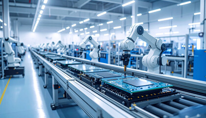 Naklejka premium Modern Automation in a High-Tech Factory: A state-of-the-art automated production line with robotic arms in a modern industrial setting, showcasing advanced technology and efficiency. 