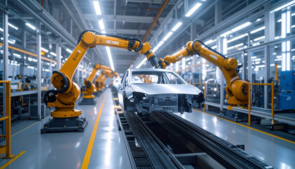 Automated assembly line: Robotic arms precisely work on a vehicle body, creating a futuristic vision of automated production in a modern factory. 