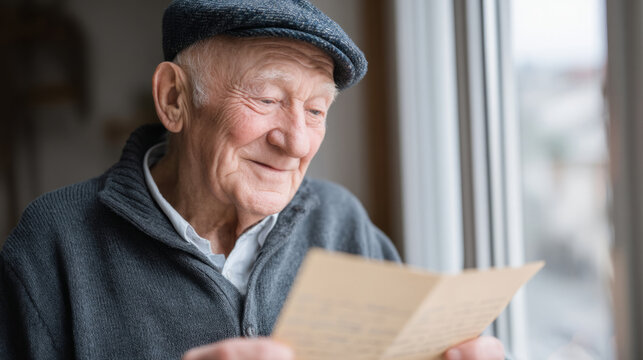 Elderly veteran reading letter by window: nostalgia and reflection in natural light