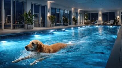 Golden Retriever swimming in a tranquil indoor pool with soft lighting, surrounded by glass walls and city views, ideal for pet therapy and wellness themes.