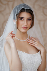 Beautiful bride in elegant wedding gown poses for portrait against soft background