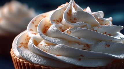Close-up of a vanilla cupcake with creamy swirls and caramel sprinkles, perfect for dessert promotions.