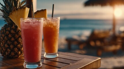 Tropical fruit cocktails with straws on a sunlit beach table, evoking a luxurious beach resort vacation at sunset.