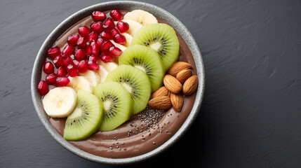Delicious smoothie bowl with fresh fruit slices chia seeds and nuts on dark surface