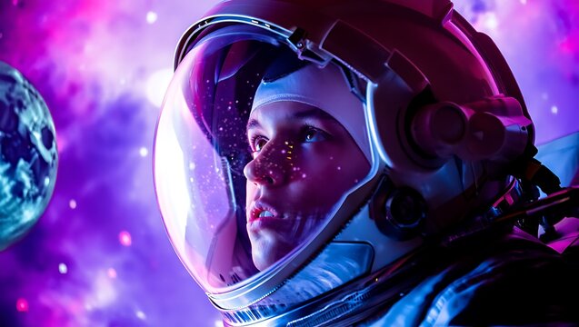 Woman in Astronaut Helmet Gazing at Purple Nebula and Distant Planet, Exploring Space in Futuristic Space Suit and Helmet on Dreamy Nebula Background
