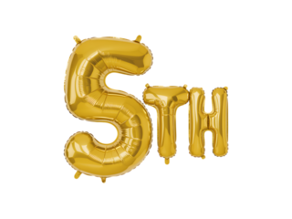 Photo of golden balloons spell out 5th birthday isolated on a transparent background