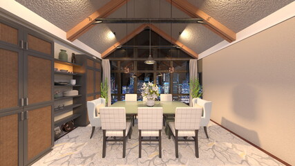 大きな窓があるリビングダイニング　3DCGレンダリング