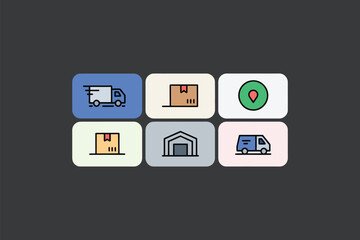 Fototapeta premium Delivery service elements illustrate shipping, transportation, logistics, and warehousing efficiently on a dark background.