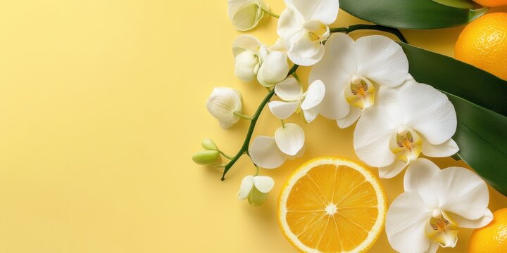 Green Orchid and Citrus Slice Floral Border. A detailed and zesty design for food or beauty branding.