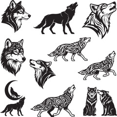 Set of Tribal and Silhouette Wolf Illustrations &ndash; Vector Animal Art Collection for Tattoos and Graphics