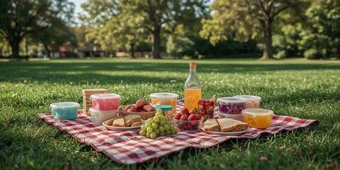 Abundant Picnic Spread on a Red Plaid Blanket in a Sunny Park with Fresh Food and Drinks