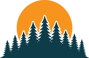 Obraz premium Photo of a vibrant orange sun sets behind a silhouette of evergreen trees, creating a warm natural scene isolated on transparent background
