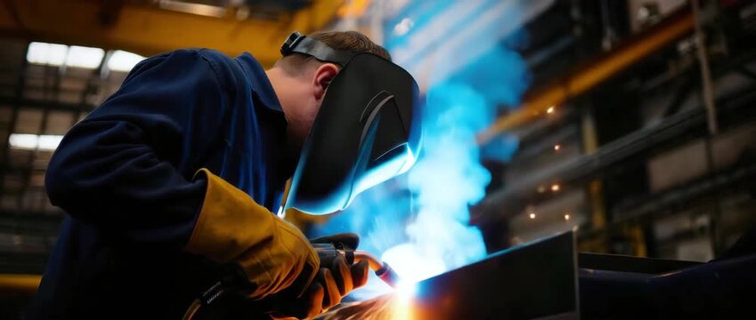 Welder at work, blue arc light welding scene, GMAW welding process in metal fabrication shop, MIG welder operating with PPE, industrial arc welding scene, manufacturing technology workflow