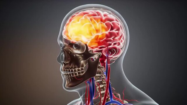 A detailed 3d medical illustration of the human head showing the brain skull and major blood vessels in the neck and upper chest