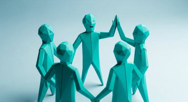 Teal geometric figures form a circle, one giving a high five, symbolizing teamwork and collaboration, ideal for business or community concepts