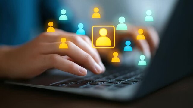 Animated user icons and laptop interactions showcasing target demographic analysis.