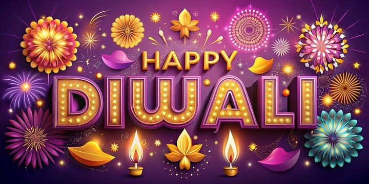 Photo of happy diwali greeting with vibrant fireworks, illuminated letters, and glowing lamps