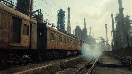 Naklejka premium A rusty, vintage train moves along tracks with steam billowing, passing a sprawling industrial complex with multiple smokestacks under a hazy sky, depicting a post-industrial atmosphere.