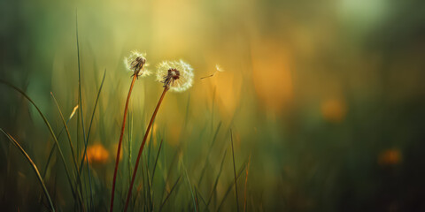 A peaceful green meadow under soft golden sunlight, dandelion seeds drifting gently in the warm breeze. Meadow in the background
