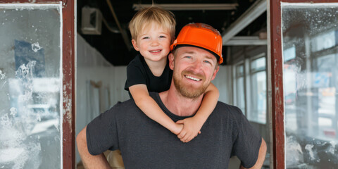 A father with his son on his shoulders enjoying a good time, the father is a construction site man, wearing a security helmet