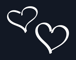 Doodle Chalked two Hearts on black background. Children outline element Love. Hand drawn Romance. Linear passion, feeling. Tenderness, care. Isolated drawing on chalkboard. Comic vector illustration