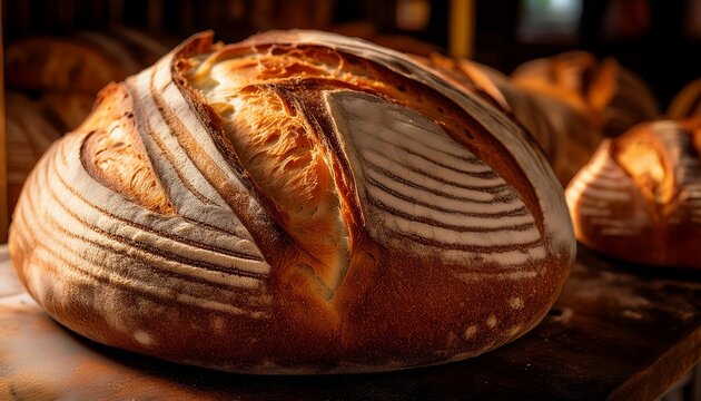 a delectable display of freshly baked artisan sourdough breads with rustic crusts inviting texture and a golden hue bakery homemade delicious natural - Powered by Adobe