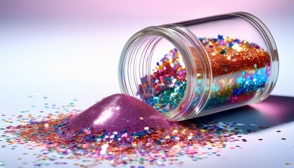 sparkling glitter spills from a clear container in vibrant colors