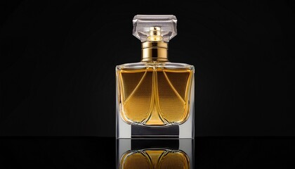 elegant glass perfume bottle with golden liquid on black reflective surface perfect for beauty products fragrance and luxury lifestyle imagery