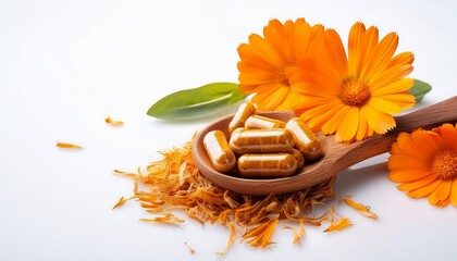herbal capsule natural vitamins dry leaves of calendula at wooden spoon on white background concept of healthcare and alternative medicine homeopathy and naturopathy