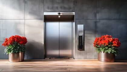 modern elevator doors metal closed door concrete wall interior design wooden floor sunlight red flowers in pot building entrance transportation