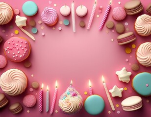 birthday background frame of candles sweets cream donuts and muffins macarons on pink background ai generative copy space for text invitation greeting card mock up