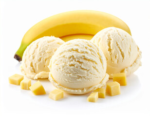 Three scoops of banana ice cream with diced bananas and a whole banana in the background.