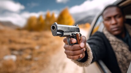 Man is holding a gun and pointing it at the camera