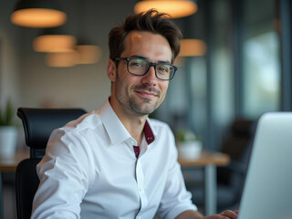 Jeune professionnel souriant dans un bureau moderne et lumineux
