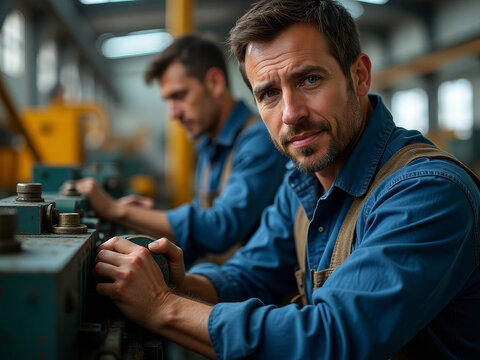 Travailleurs concentr&eacute;s en pleine production dans un atelier industriel moderne
