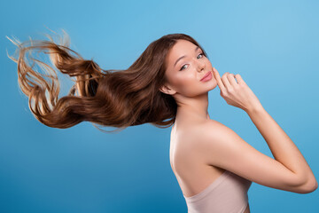 Portrait of a charming woman with long wavy brown hair, showcasing glamour and beauty against...