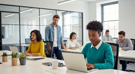 Modern office scene showing diverse coworkers working on laptops, showcasing teamwork and productivity in a collaborative workspace