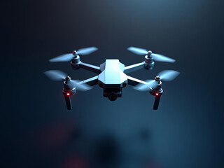 Drone technologique en vol stationnaire sous une lumière futuriste
