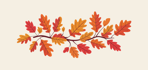 Autumn oak branch with red and orange leaves on a light background