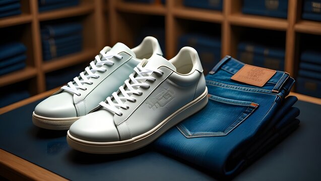 Shop stylish white leather sneakers and denim jeans for men fashion online now sale