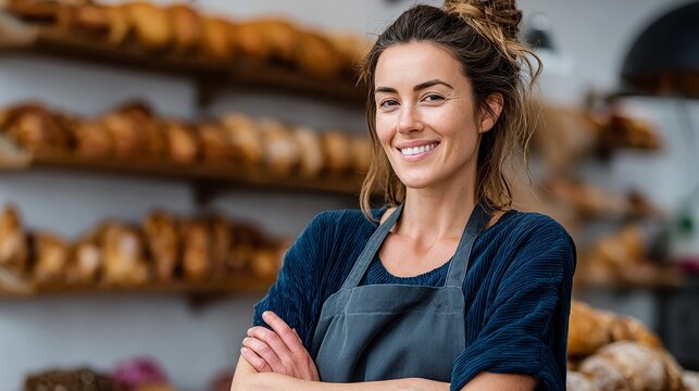 Woman with apron on is smiling in front of a bakery
