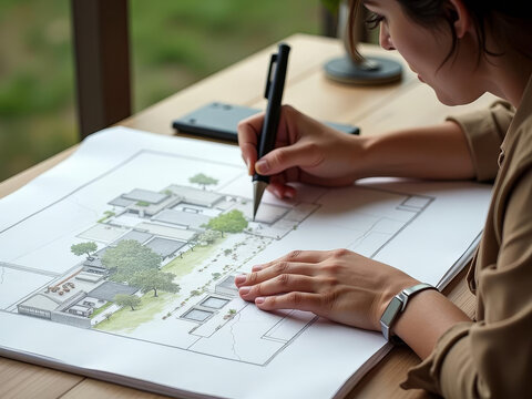 Architecte dessinant un plan d&eacute;taill&eacute; de projet urbain moderne
