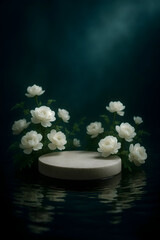 AI-generated dark floral product podium with water reflection

